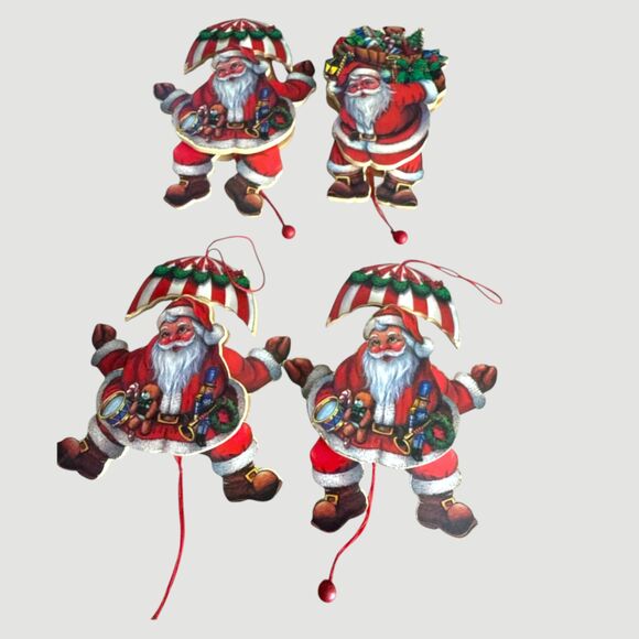 Lot of 4 Vintage Jointed Pull String Santa Ornaments 9" Taiwan Christmas Decor - Picture 1 of 7